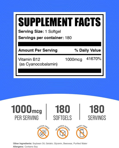 BulkSupplements.com Vitamin B12 1000 mcg Softgels – Cyanocobalamin, Gluten Free, 180 Count