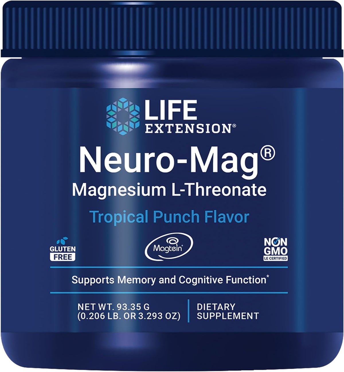 Life Extension Neuro-Mag Magnesium L-Threonate Powder (Tropical Punch) - Ultra-Absorbable Magnesium - Supports Memory, Focus, Cognitive Function & Mood - Gluten free, Non-GMO, Vegetarian (30 Servings) - Tropical Punch Powder Mix for Memory, Recall Speed &