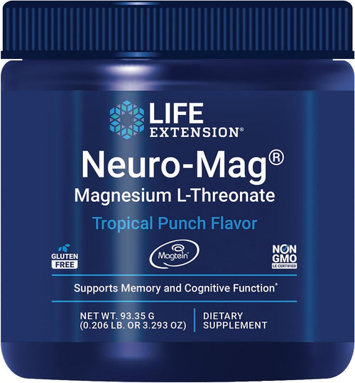 Life Extension Neuro-Mag Magnesium L-Threonate Powder (Tropical Punch) - Ultra-Absorbable Magnesium - Supports Memory, Focus, Cognitive Function & Mood - Gluten free, Non-GMO, Vegetarian (30 Servings) - Tropical Punch Powder Mix for Memory, Recall Speed &