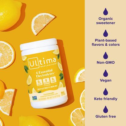 Ultima Replenisher Electrolyte Powder Drink Mix Bundle - Sugar Free - Lemonade, 90 Serving Canister and 20 Stickpacks - 6 Electrolytes and Minerals - Keto Friendly, Vegan, Non-GMO