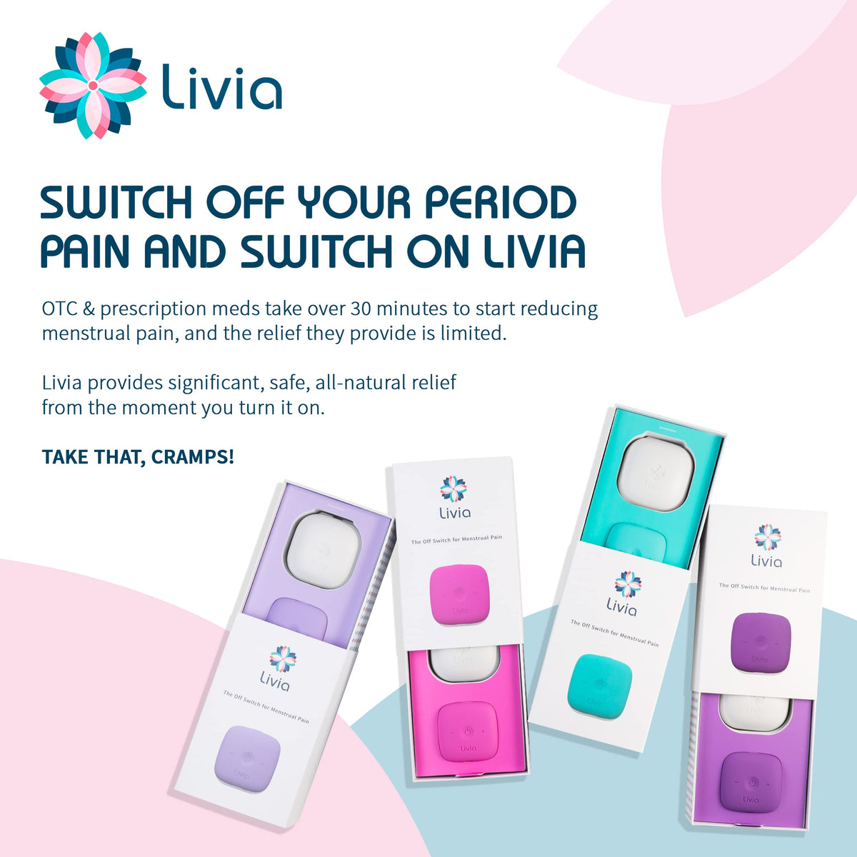 Livia Menstrual Pain Relief Device, Lavender - The Off Switch for Period Pain - Portable Unit with Stick-on Pads