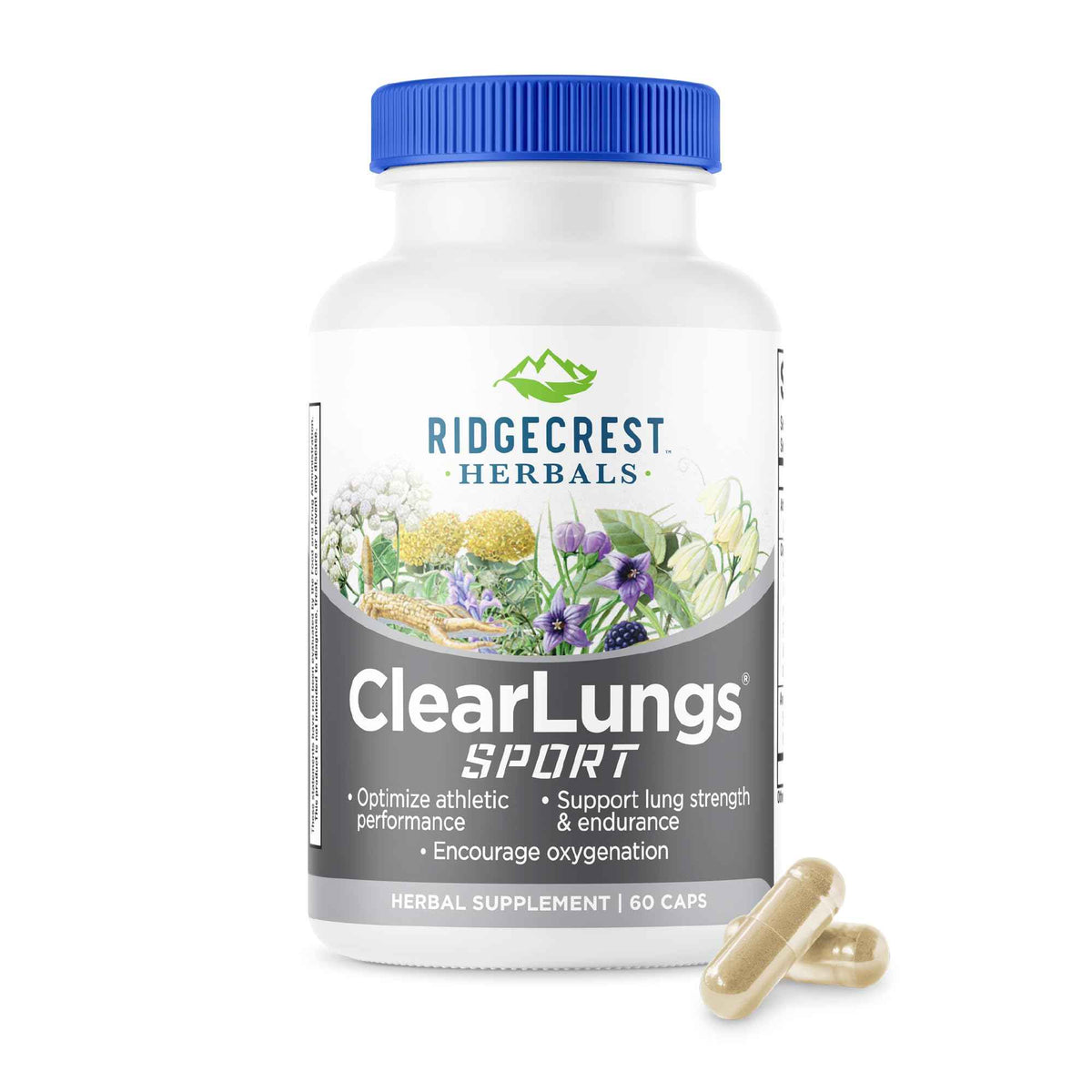 Ridgecrest Herbals ClearLungs Sport, Oxygen Intake and Lung Support Formula with Cordyceps, Rhodiola, Eleuthero (60 Vegan Caps, 30 Serv)