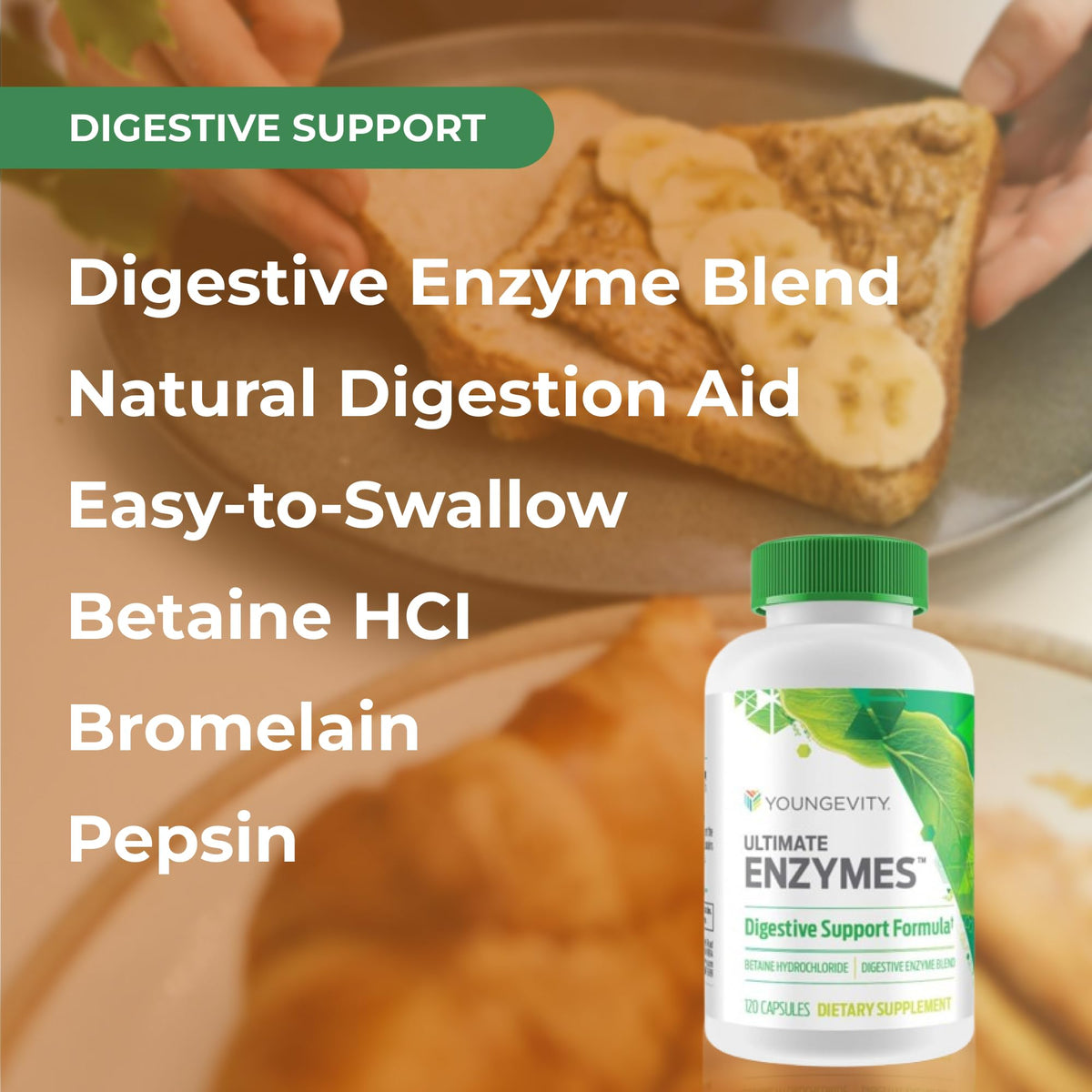 Youngevity Ultimate Enzymes - Multi Enzymes for Digestion, Gas & Bloating Relief - Betaine HCl, Ox Bile, Pancreatine 10X, Papain 6M, Pepsin 1:3000 (120 Capsules)