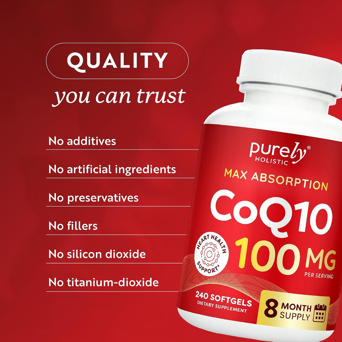 CoQ10 100mg Softgels, Heart Health Support, 8 Month Supply, High Absorption - Coenzyme Q10 for Energy Levels & Vitality Support, Co Q 10 Supplement, Non-GMO, Gluten-Free, 240 Co Q10 Softgels (Once-Daily)