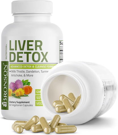 Bronson Liver Detox Advanced Detox & Cleansing Formula 60 Capsules - Liver Health Support with Milk Thistle, Dandelion Extract, Turmeric, Artichoke Leaf & Beet Root, Non-GMO, Soy-Free
