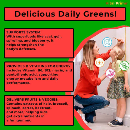 FourRoar Vital Prime Super Green Gummies for Kids 90 Count Strawberry & Watermelon Flavor - Fruit and Vegetable Gummies - Vegan Veggies Gummy Multivitamin for Kids
