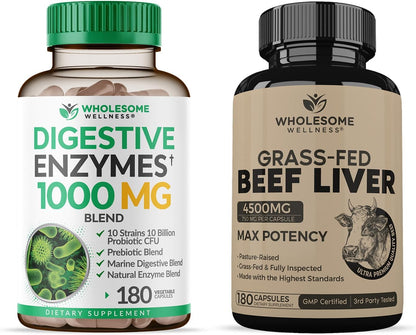 Wholesome Wellness Digestive Enzymes 1000MG Plus Prebiotics & Probiotics + Grass Fed Desiccated Beef Liver Capsules Bundle