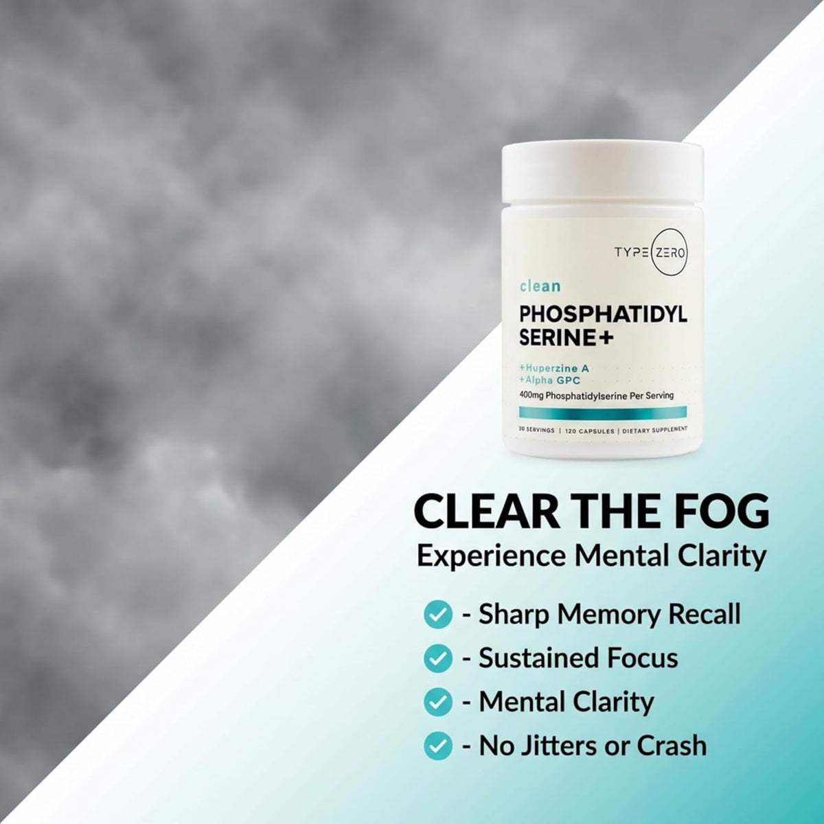 Type Zero Phosphatidylserine+ (400mg) 120 Capsules, 30 Servings - With Huperzine A + Alpha GPC, 3X Strength Nootropics Brain Support Supplement, Clean Focus & Memory