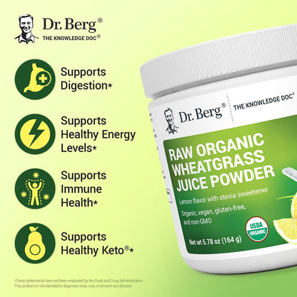 Dr. Berg USDA Certified Organic Green Powder Superfood (60 Servings) - Made with Raw Wheatgrass, Chlorophyll, Trace Minerals & Natural Enzymes - Non-GMO Green Superfood Powder - Lemon Flavor