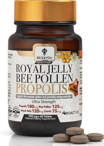 Bee and You Royal Jelly Tablet, Propolis Extract, Bee Pollen, 100% Natural Superfood, Ultra Pure, Immune Support Supplement, Improve Energy, Focus, Antioxidants, Fresh, Keto, Paleo, Gluten-Free - 60ct