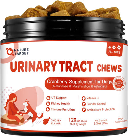 NATURE TARGET Dog UTI Treatment, Cranberry Supplement for Dogs 120 Chews - Urinary Tract & Bladder Support with D-Mannose, Marshmallow, Astragalus - Vet Formulated Immune & Kidney Support - Chicken