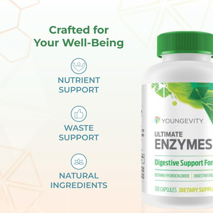 Youngevity Ultimate Enzymes - Multi Enzymes for Digestion, Gas & Bloating Relief - Betaine HCl, Ox Bile, Pancreatine 10X, Papain 6M, Pepsin 1:3000 (120 Capsules)