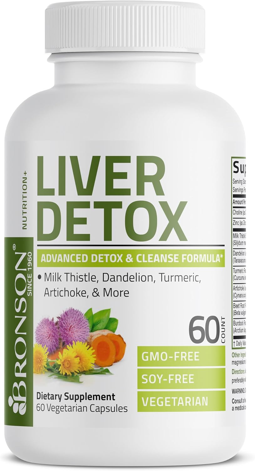 Bronson Liver Detox Advanced Detox & Cleansing Formula 60 Capsules - Liver Health Support with Milk Thistle, Dandelion Extract, Turmeric, Artichoke Leaf & Beet Root, Non-GMO, Soy-Free