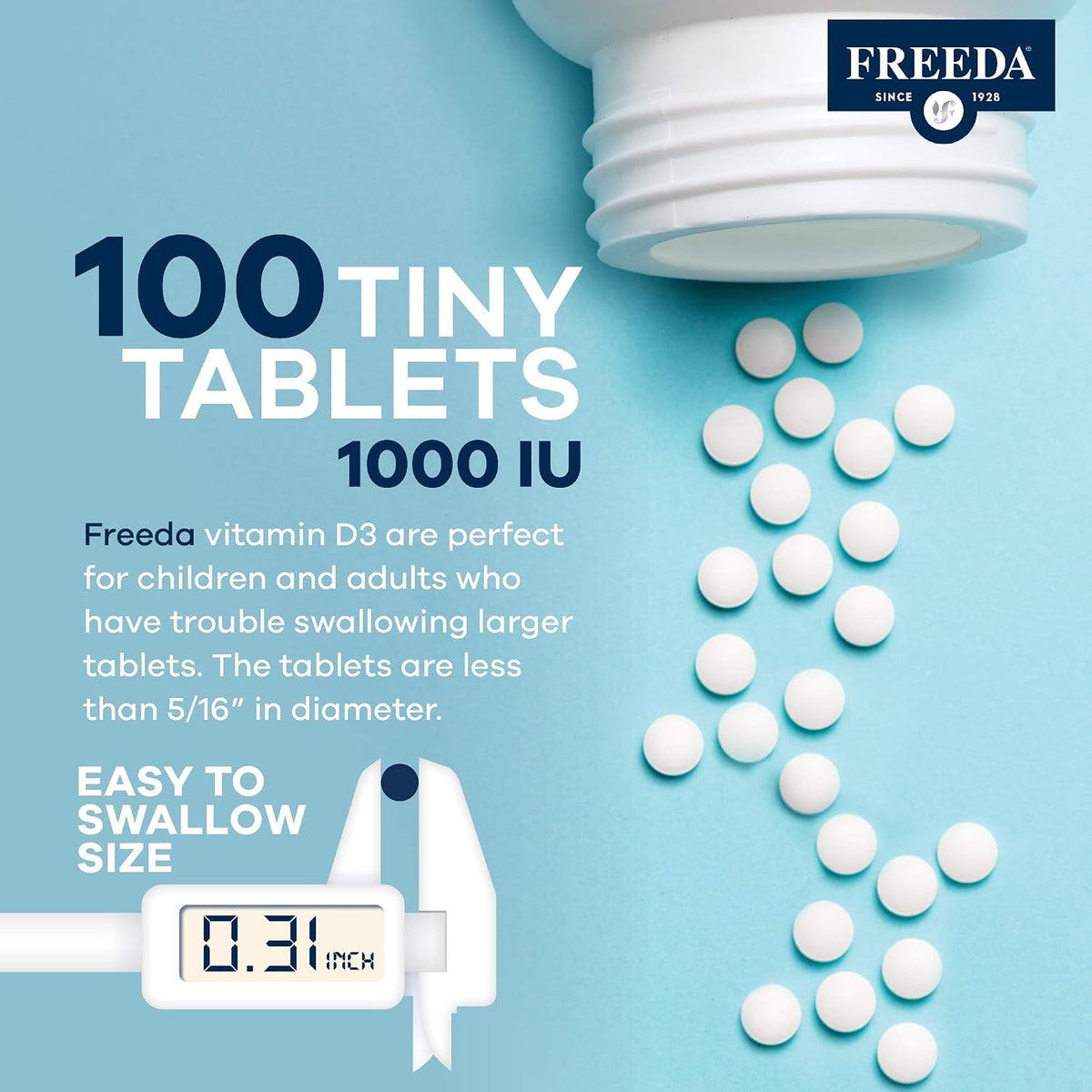 FREEDA Vitamin D3-1000 IU - Pure High Potency Kosher Supplement Tablets - Bone and Muscle Health, Calcium Absorption, Immune Support for Men and Women* - 100 Count - Supports Bone, Muscle & Immune Health - Helps Calcium Absorption - Easy-to-Swallow Tiny T