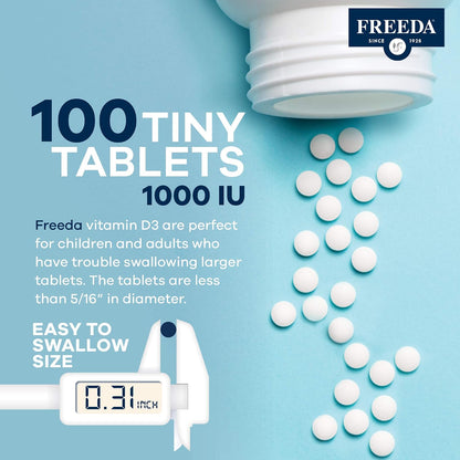 FREEDA Vitamin D3-1000 IU - Pure High Potency Kosher Supplement Tablets - Bone and Muscle Health, Calcium Absorption, Immune Support for Men and Women* - 100 Count - Supports Bone, Muscle & Immune Health - Helps Calcium Absorption - Easy-to-Swallow Tiny T