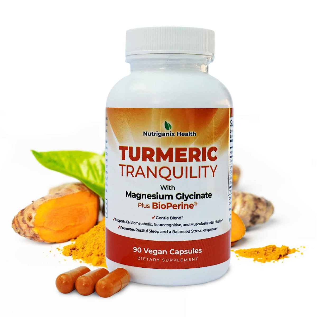 Turmeric Tranquility Turmeric Curcumin & Magnesium Glycinate with BioPerine - Support for Stress Relief, Sleep, Heart Health, Muscles, Metabolism, and Joint Health* - High Absorption - 90 Capsules (1)