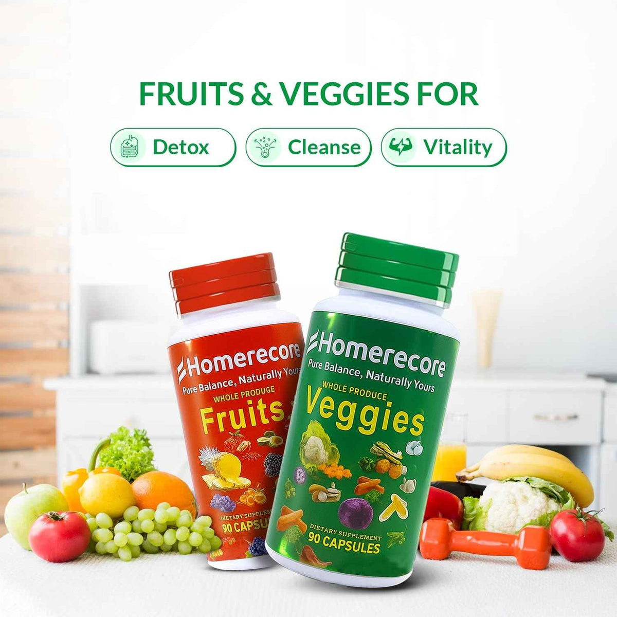 HOMERECORE Whole Food Fruits & Veggies Supplement Plant-Based, Vegan, Gluten-Free, Soy-Free No Fillers Natural Superfoods Boost Energy & Immune System for Men & Women 90 Fruit & 90 Veggie Capsules