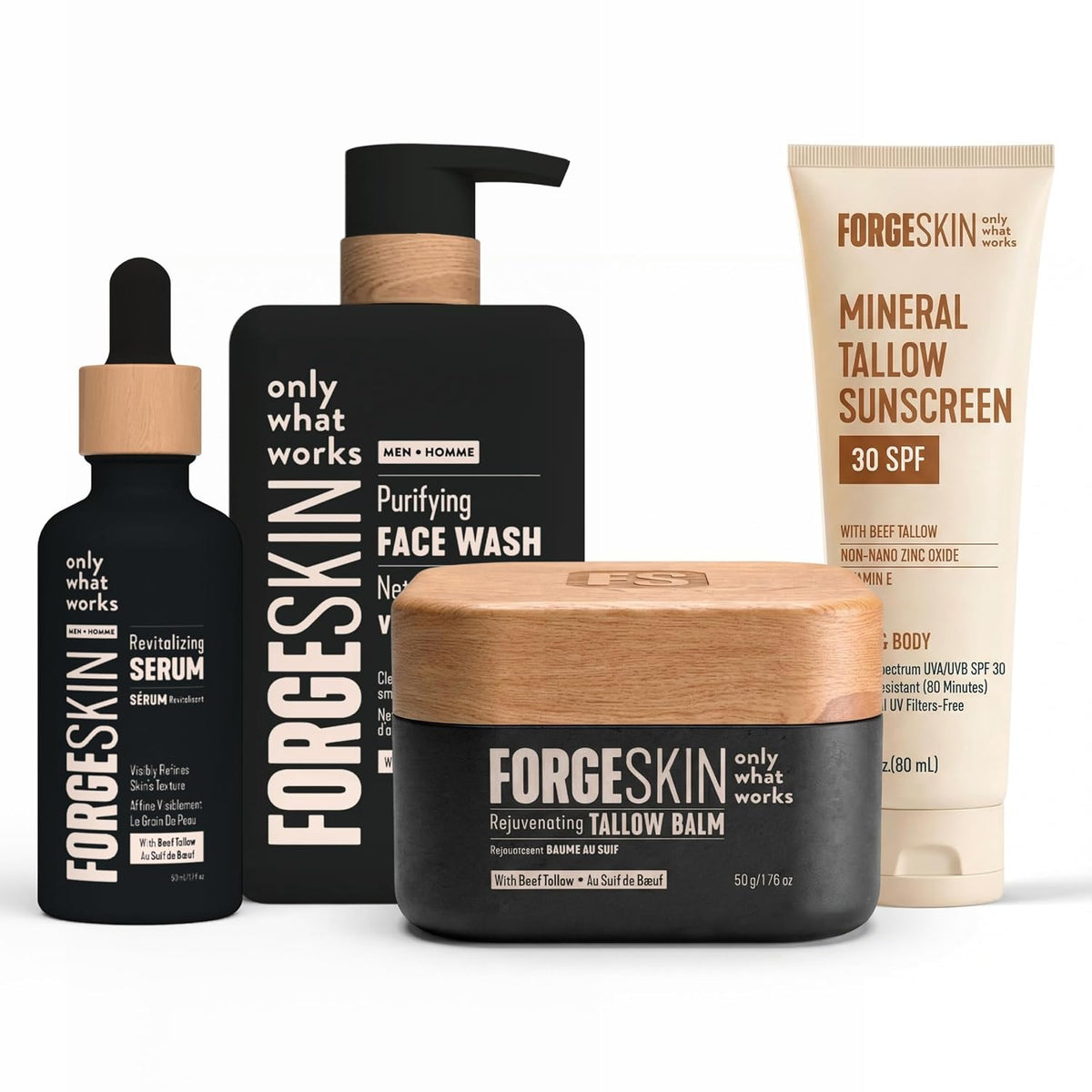 Forge Skin Men's Anti-Aging Face Care Routine - Beef Tallow Balm Moisturizer + Nourishing Cleanser Exfoliating Face Wash + Hydration Wrinkle Defense Serum + Mineral Tallow Sunscreen SPF 30