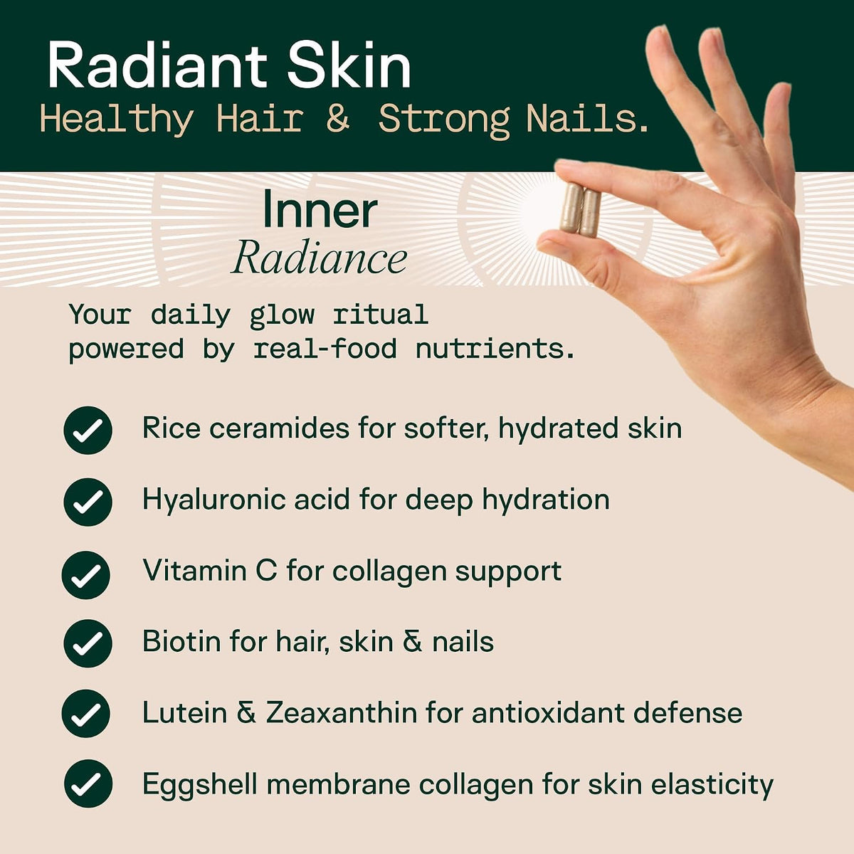 Adapt Naturals Inner Radiance Hair Skin and Nails Vitamins for Women & Men - with Biotin, Collagen, Hyaluronic Acid, Vitamin C & Ceramides - Thicker Hair, Stronger Nails & Hydrated Skin Supplement