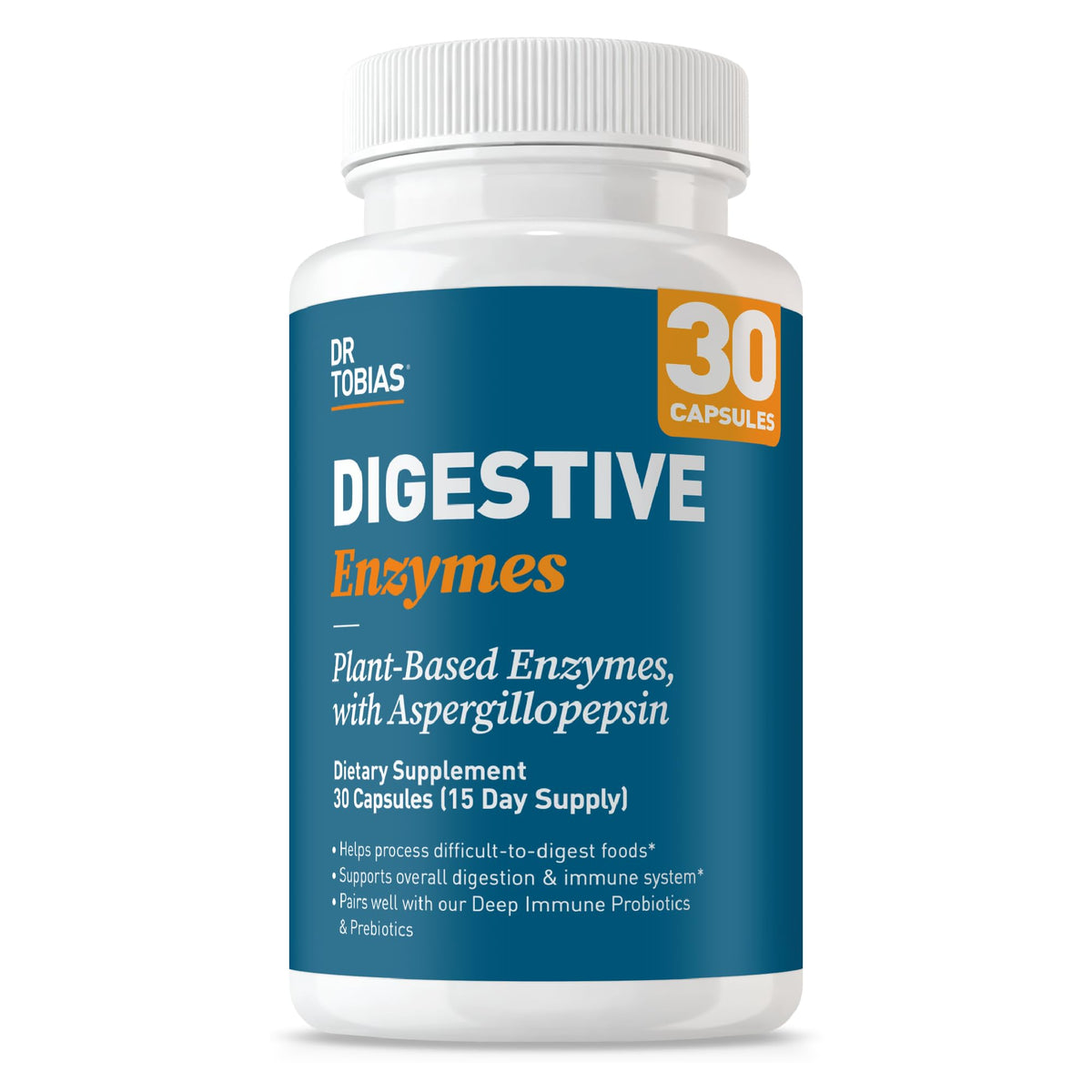 Dr. Tobias Digestive Enzymes 18-Enzyme Blend 60 Caps - Digestive Support - Take at Meal-Time - Enzymes for Digestion - Amylase + Lipase + Lactase - Digest Proteins, Fats, Carbs & Dairy - 30 Servings