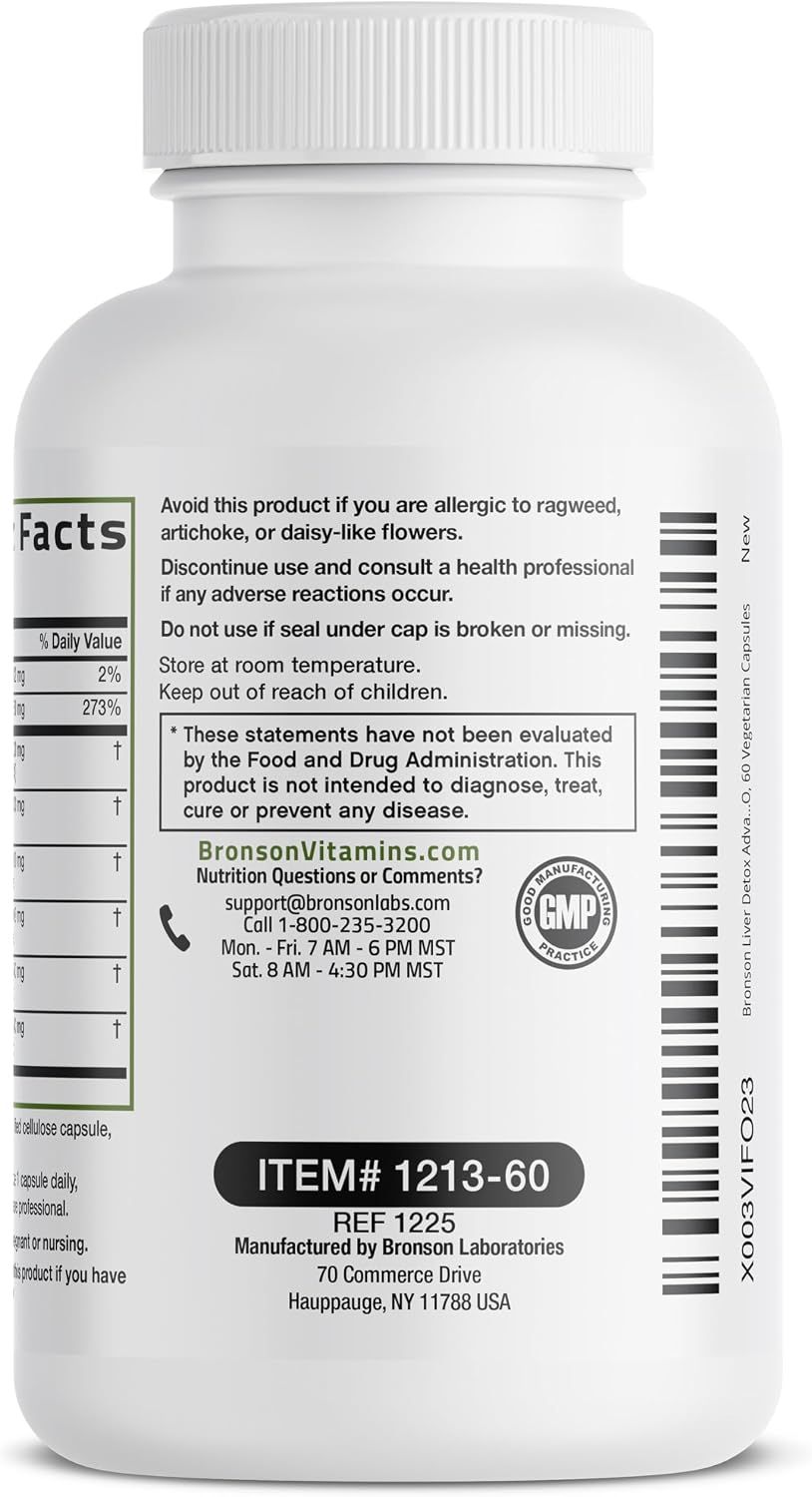 Bronson Liver Detox Advanced Detox & Cleansing Formula 60 Capsules - Liver Health Support with Milk Thistle, Dandelion Extract, Turmeric, Artichoke Leaf & Beet Root, Non-GMO, Soy-Free