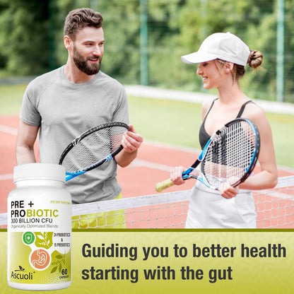 Ascuoli Probiotics for Women & Men - 300 Billion CFU, 24 Strains Probiotics + 15 Organic Herbs Blend, Daily Probiotic for Digestive Health