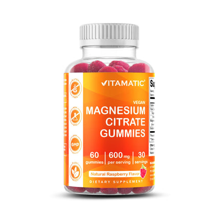 Vitamatic Magnesium Gummies 600mg per Serving - 60 Vegan Count for Relaxation, Muscle, Bone, and Energy Support
