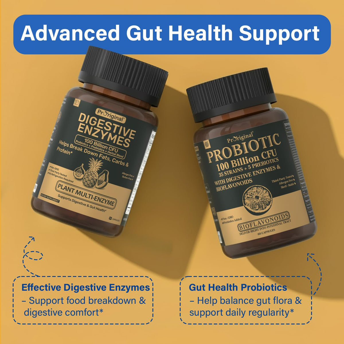 Digestive Enzymes Supplement with 100 Billion CFU Probiotic & Prebiotic - Multi-Enzyme Formula for Women & Men - Supports Digestive & Gut Health, Aids Protein, Carb & Dairy Digestion, 60 Caps