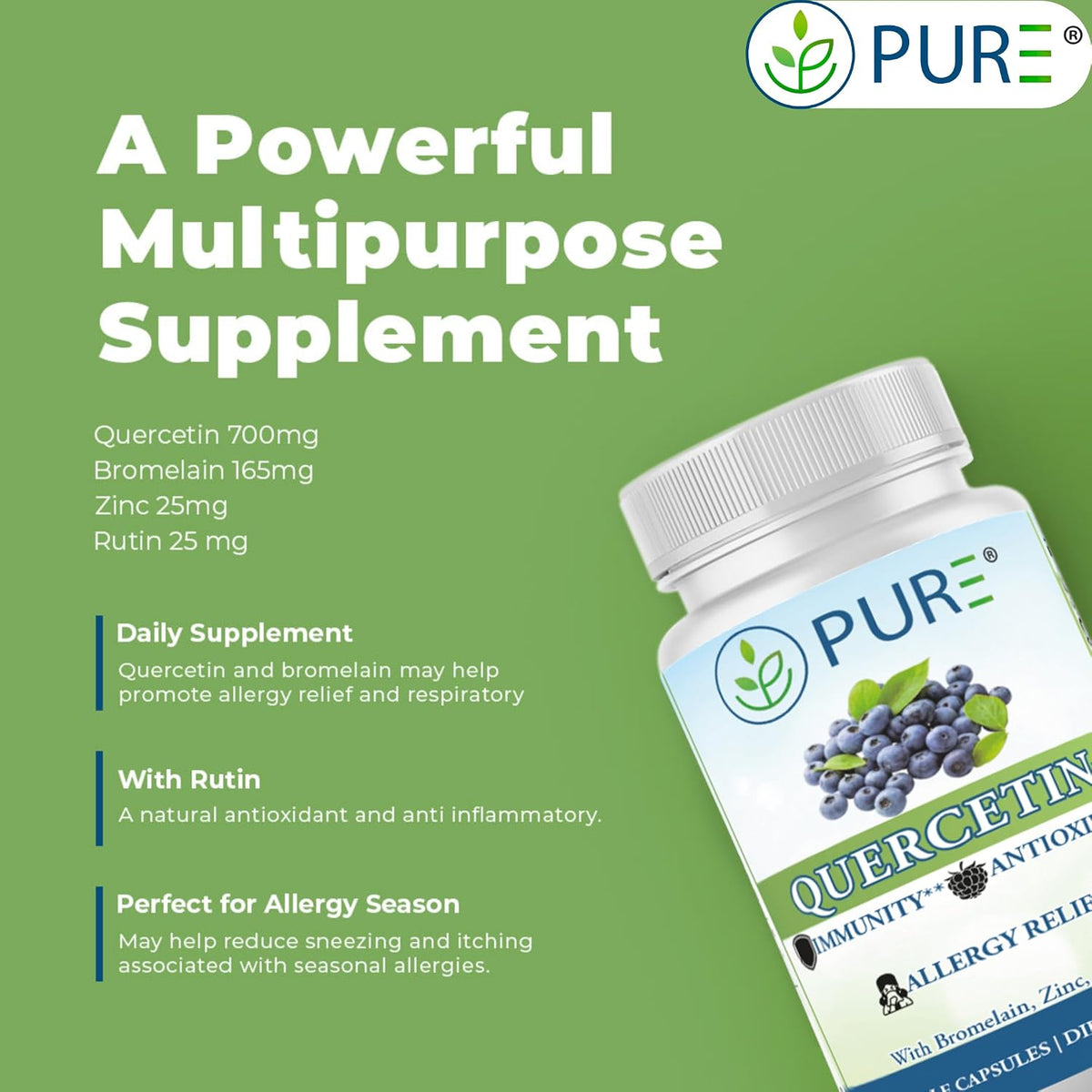 PURE Quercetin+ with Zinc, Bromelain, Rutin Immune Shield - 60 Capsules - High Bioavailability Antioxidant Complex for Respiratory Health & Viral Defense - Made in USA