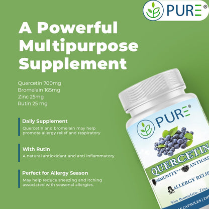 PURE Quercetin+ with Zinc, Bromelain, Rutin Immune Shield - 60 Capsules - High Bioavailability Antioxidant Complex for Respiratory Health & Viral Defense - Made in USA