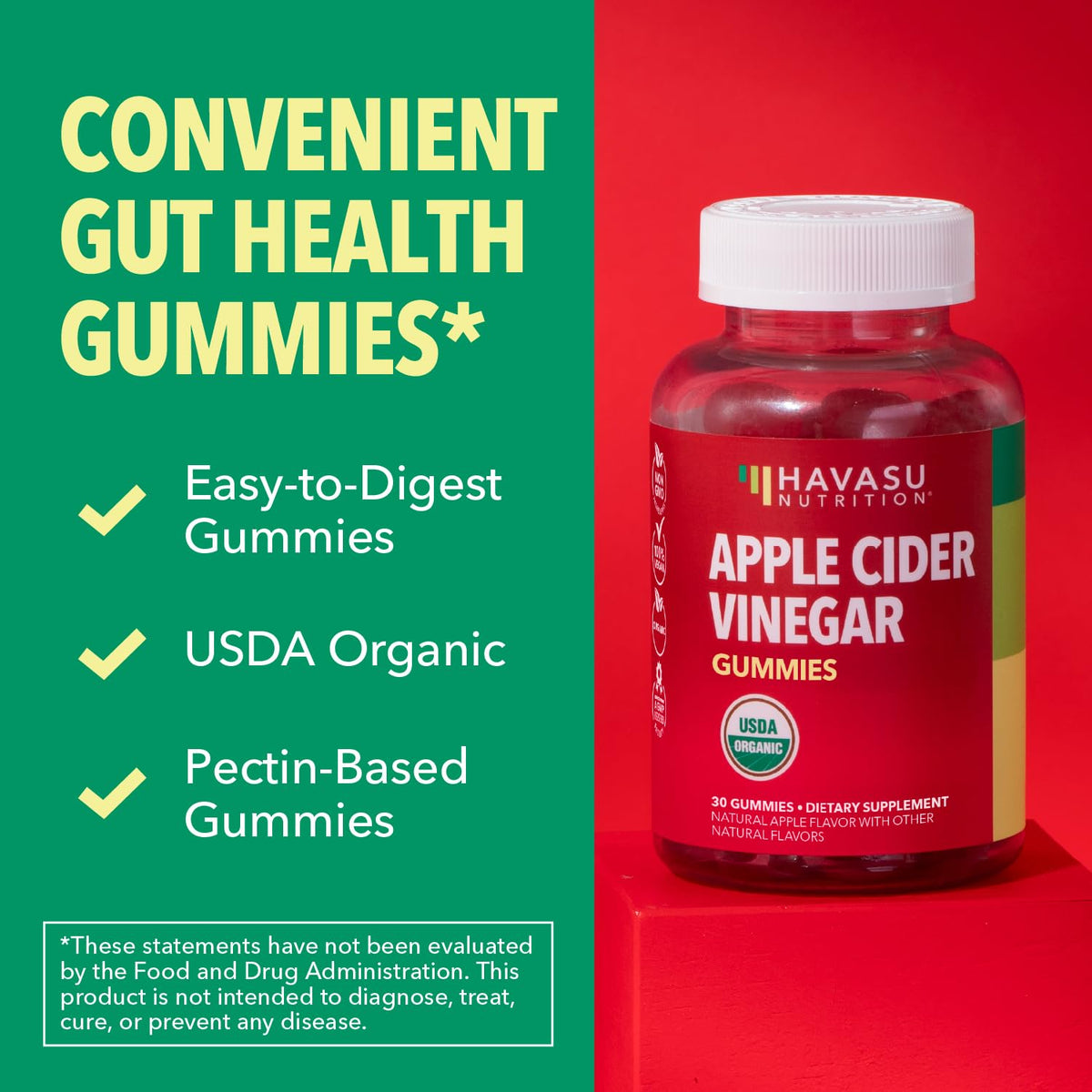 Apple Cider Vinegar Gummies, USDA Organic, Apple Flavor, 1-Month Supply - USDA Organic ACV Gummies for Digestive Health, Metabolism & Gut Support, Vegan, Gluten-Free, No Harsh Taste, 60ct