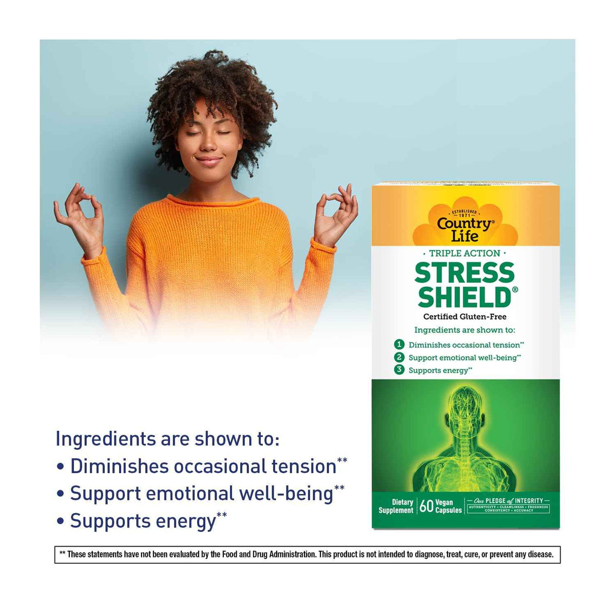 Country Life Stress Shield - Stress & Tension Relief Supplement with Ashwagandha, B-Vitamins for Energy & Emotional Well-Being, Supports Mental Clarity & Resilience, Gluten-Free, Vegan, 60 Capsules