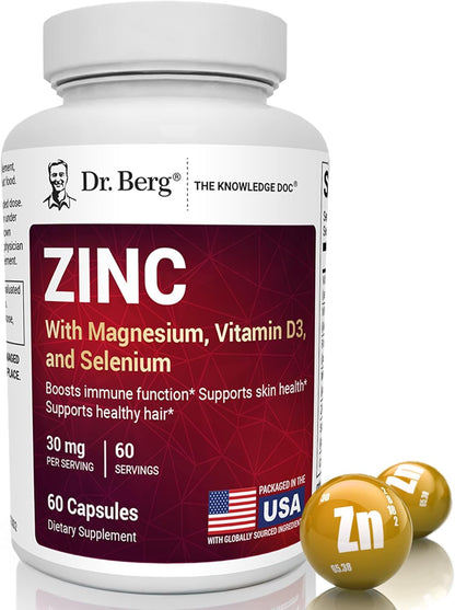 Dr. Berg Zinc 30 mg (60 Capsules) - High Potency 7-in-1 Immune Support Formula - Chelated Zinc with Vitamin D & Selenium for Healthy Skin, Hair & Daily Wellness - No Fillers, 4X Tested*