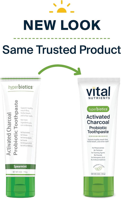 Vital Nutrients Hyperbiotics Activated Charcoal Probiotic Toothpaste - Supports Healthy Mouth Flora, Fresher Breath, Whiter Teeth - Spearmint Flavor - Non-GMO - Gluten, Dairy, Soy Free - 4 oz