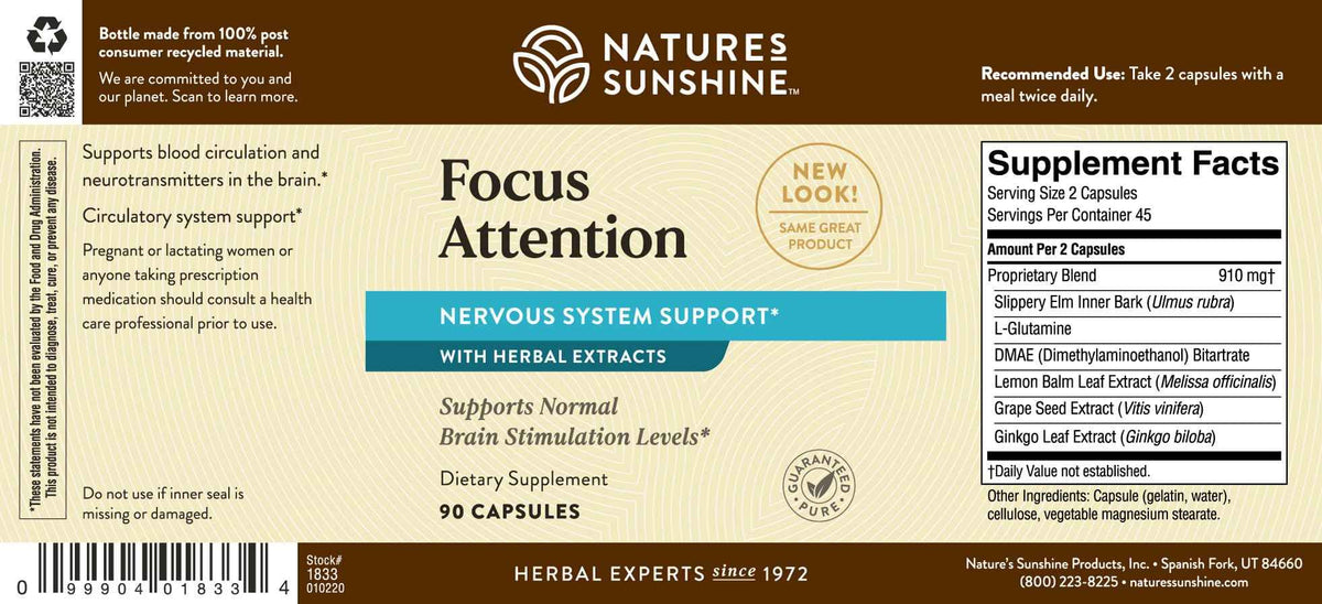 Nature's Sunshine Focus Attention, 90 Capsules, Provides Nutrients That Help Maintain Normal Brain-Stimulation Levels While Supporting Blood Circulation and Neurotransmitter Levels in The Brain