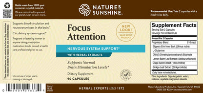 Nature's Sunshine Focus Attention, 90 Capsules, Provides Nutrients That Help Maintain Normal Brain-Stimulation Levels While Supporting Blood Circulation and Neurotransmitter Levels in The Brain