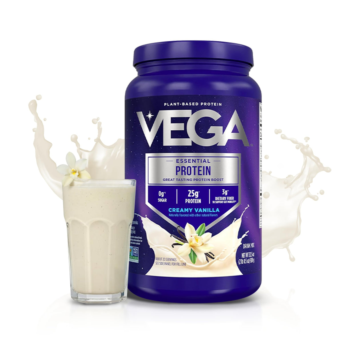 Vega Essential Protein - 25g Plant Based Protein Powder, Creamy Vanilla, Vegan for a Dairy-Free Vanilla Shake - Large Tub, 32.5oz (20 Servings)