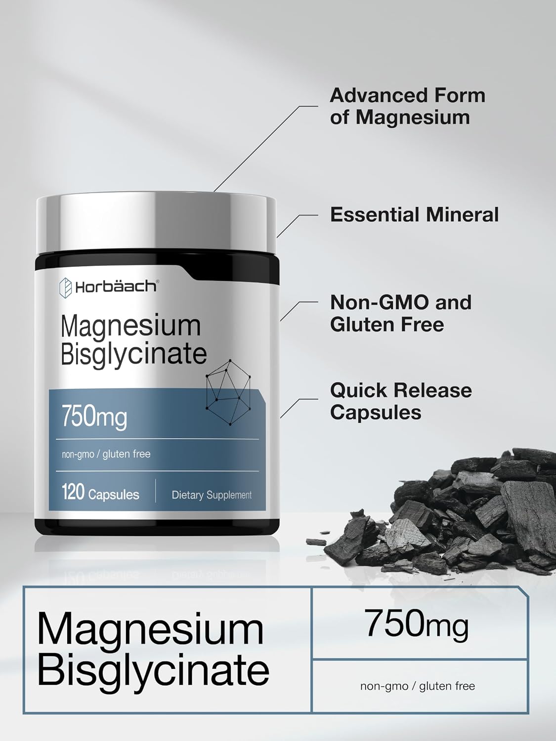 Horbäach Magnesium Bisglycinate - 120 Capsules - 750mg - Non-GMO and Gluten Free Supplement