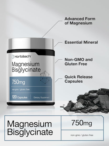 Horbäach Magnesium Bisglycinate - 120 Capsules - 750mg - Non-GMO and Gluten Free Supplement