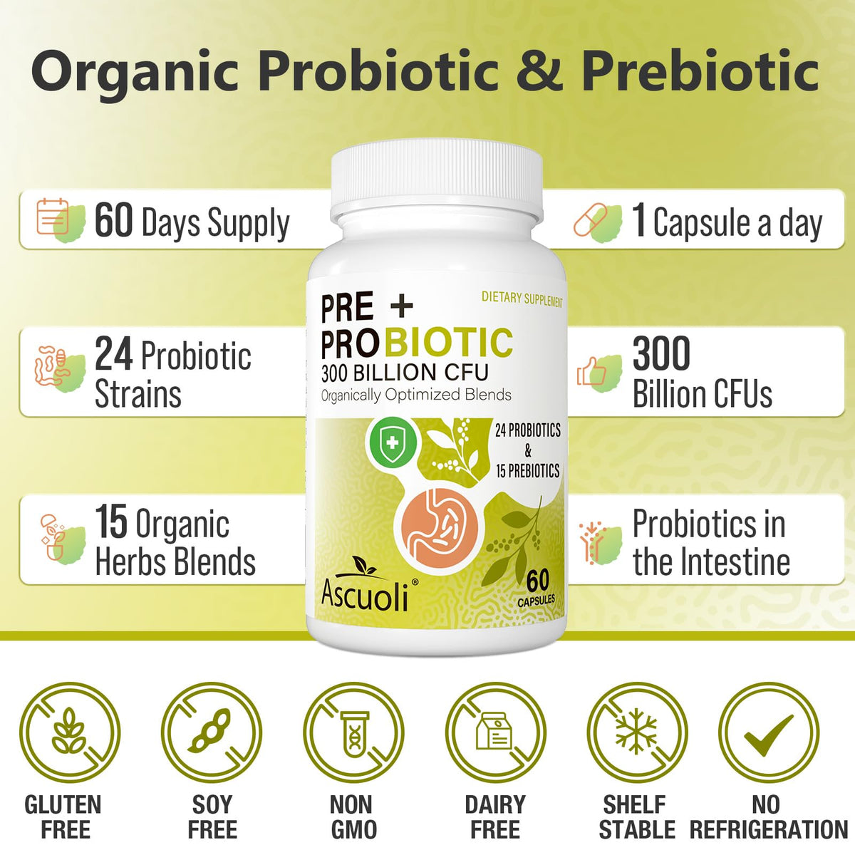 Ascuoli Probiotics for Women & Men - 300 Billion CFU, 24 Strains Probiotics + 15 Organic Herbs Blend, Daily Probiotic for Digestive Health