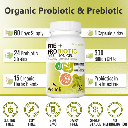Ascuoli Probiotics for Women & Men - 300 Billion CFU, 24 Strains Probiotics + 15 Organic Herbs Blend, Daily Probiotic for Digestive Health