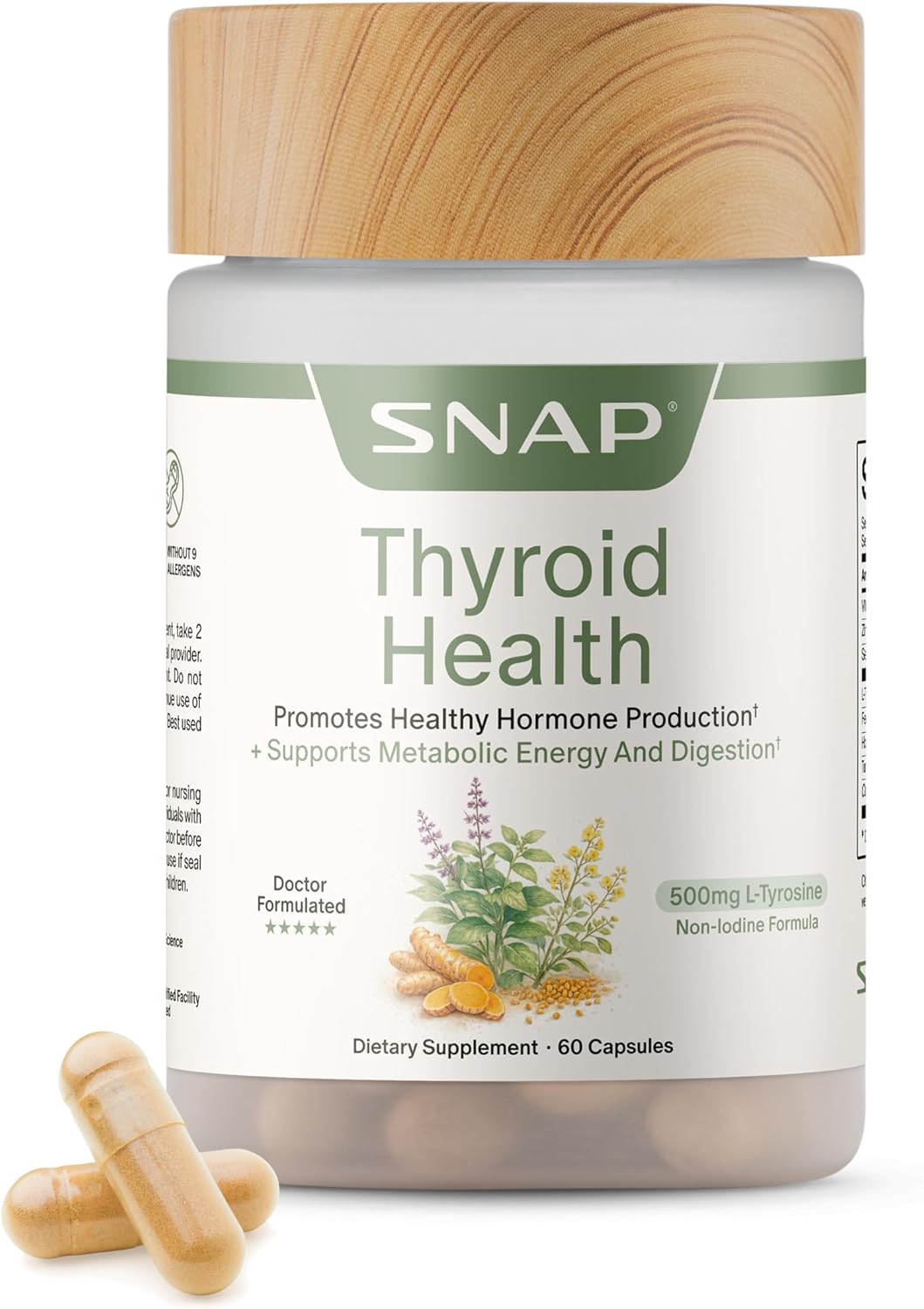 Snap Supplements Thyroid Health, Selenium, Zinc, L-Tyrosine, 60 Capsules - Thyroid Support Supplement for Women & Men, Botanicals for Metabolism, Energy & Endocrine Balance, Iodine-Free, Vegan