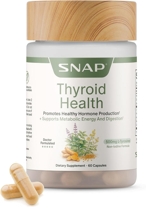 Snap Supplements Thyroid Health, Selenium, Zinc, L-Tyrosine, 60 Capsules - Thyroid Support Supplement for Women & Men, Botanicals for Metabolism, Energy & Endocrine Balance, Iodine-Free, Vegan
