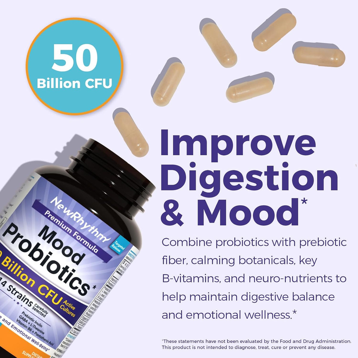 NewRhythm Mood Probiotics 50 Billion CFU, 14 Strains - Lactobacillus Helveticus, Prebiotic, Ashwagandha, GABA, L-Theanine, Vitamin B6 B5, Digestive & Mood Support, 30 Capsules