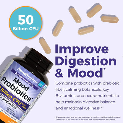 NewRhythm Mood Probiotics 50 Billion CFU, 14 Strains - Lactobacillus Helveticus, Prebiotic, Ashwagandha, GABA, L-Theanine, Vitamin B6 B5, Digestive & Mood Support, 30 Capsules