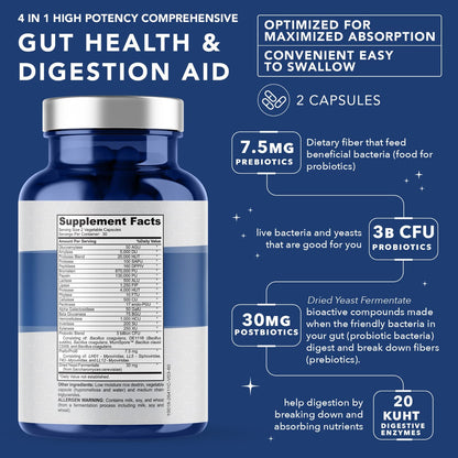 4-in-1 Gut Health Support - Prebiotics + Probiotics + Postbiotics + Digestive Enzymes - DE111 Spore Probiotic for Digestive Support & Bloating