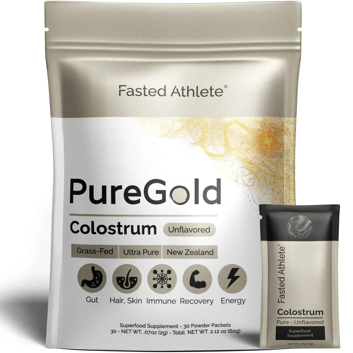 PureGold - Bovine Colostrum Powder - 100% Pure New Zealand Grass Fed, Supports Gut Health, Skin, Hair, & Immunity - Colostrum Supplement, Unflavored, 30 Travel Packets