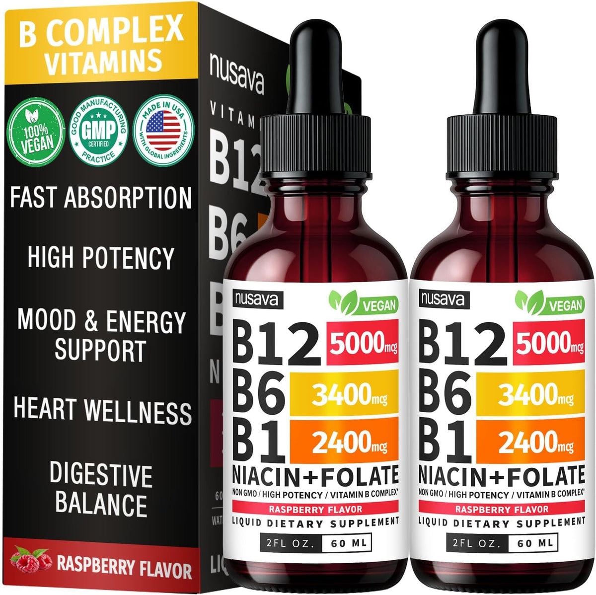 NUSAVA Vitamin B12 Liquid Drops and Strawberry Flavored D3 K2 Bundle - Daily Wellness Liquid Vitamins for Energy & Immune Support - Non-GMO, Gluten-Free, 2pk Each