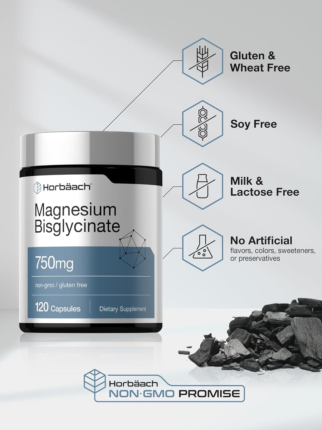 Horbäach Magnesium Bisglycinate - 120 Capsules - 750mg - Non-GMO and Gluten Free Supplement