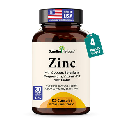 Zinc 30mg With Copper, Selenium & Vitamin D3 - 120 Capsules - Magnesium, Vitamin B6, Biotin - Absorbable Zink Supplements for Men & Women - Chelated Zinc